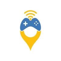 vector de plantilla de diseño de logotipo de concepto de forma de pin de mapa wifi de juego. combinación de joystick y logo wifi. gamepad y símbolo o icono de señal