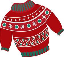 Christmas sweater or jumper with winter patterns with snowflakes. Knitted woolen warm pullover in red tones. Vector hand-drawn illustration in cartoon style. Winter fashion.