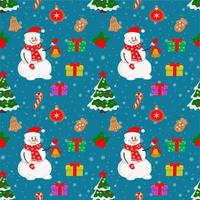 Christmas seamless pattern with snowman, Christmas tree, deer with gifts on a blue background. Winter pattern for wrapping paper and packaging, Christmas cards, web page background. vector