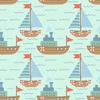 Seamless vector pattern with hand-drawn sailing yachts, ships and the sea wave. Summer bright background for fabric design. Vector illustration.