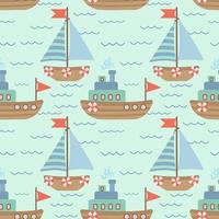 Seamless vector pattern with hand-drawn sailing yachts, ships and the sea wave. Summer bright background for fabric design. Vector illustration.