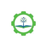 Diseño de logotipo de concepto de forma de engranaje de árbol de iglesia bíblica. diseño del logotipo de la iglesia del árbol cruzado de la biblia vector