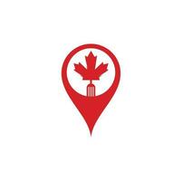 Canadian food map pin shape concept logo concept design. Canadian food restaurant logo concept. Maple leaf and fork icon vector