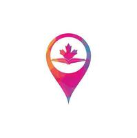 diseño de logotipo de concepto de forma de pin de mapa de educación canadiense. Estudia el diseño del logo de Canadá. diseño del logotipo del libro. libro de arce vector