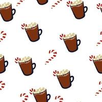 Christmas seamless pattern with candy cane and cocoa with marshmallows vector