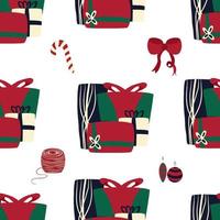 Christmas seamless pattern with gifts and Christmas paraphernalia vector