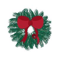 Christmas decorative Wreath with bow in hand drawn style on white background. Nature design greeting card template vector
