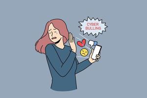 Cyber bullying and online crime concept. Stressed crying girl standing and trying not to look at smartphone with dislikes and negative information vector illustration