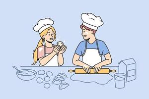 Baking and leisure fun concept. Happy excited children kids standing wearing chef hats cooking baking dumplings together in kitchen vector illustration