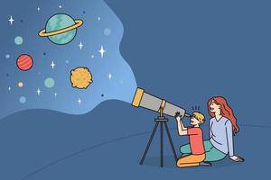 Explorando el mundo con el concepto de niños. madre feliz sonriente sentada y mostrando al niño cosas interesantes en el espacio exterior mirando estrellas en la ilustración del vector del telescopio