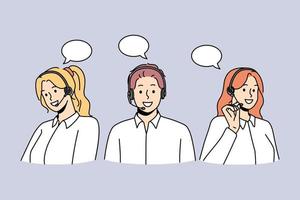 Customer service and call center concept. Group of young people workers in headsets communicating with clients trying to solve problems vector illustration