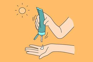 Protection from sun during summer concept. Human hands applying sunscreen protection skin on sunny day during hot summer vector illustration