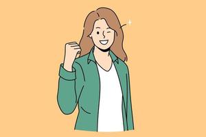 Power success and positive emotions concept. Smiling woman standing showing fist meaning success luck and achieving some goal vector illustration