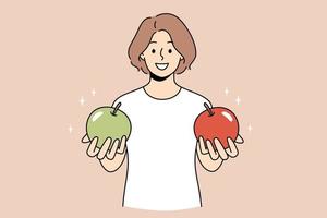 Choosing and getting decision concept. Young woman standing and holding green and red apple in hands offering to choose vector illustration