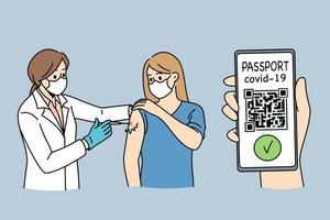 Vaccination passport and immunization concept. Young woman getting vaccinated with syringe from doctor and having passport from covid-19 vector illustration