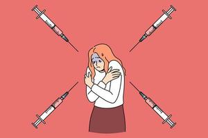 Feeling afraid of infections concept. Stressed scared afraid girl standing feeling panic covering shoulders with syringe pointing at her vector illustration