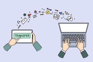 Transferring information and technologies concept. Top view flat-lay of human hands and laptop and transferring information emails to memory vector illustration