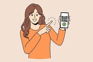 Qr code and Online payment concept. Young woman standing pointing at smartphone screen with qr code and payment confirmation on it vector illustration