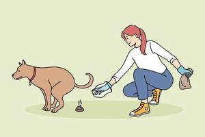 Taking care of pets and environment concept. Young woman cleaning ground from her dogs poo in gloves with bag thinking of environment vector illustration