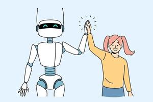 amistad con el concepto de inteligencia artificial. niña sonriente de pie y estrechando la mano con el bot robot blanco siendo amigos ilustración vectorial vector