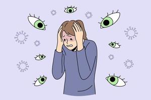 concepto de pánico de persecución y miedos internos. joven mujer estresada de pie sintiendo ojos invisibles a su alrededor sintiendo pánico y problemas nerviosos ilustración vectorial vector