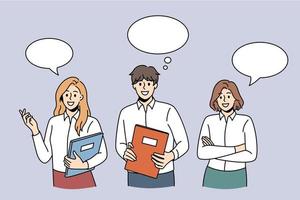 Business communication and chat concept. Group of young business people coworkers standing with documents with speech bubble above communicating vector illustration