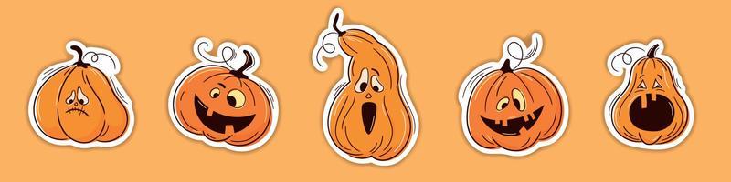 Halloween vector stickers set. One line hand drawn Halloween emoticon pumpkins. Jack o Lantern. Funny faces isolated on white, cute pumpkins. Doodles for logo, poster, emblem