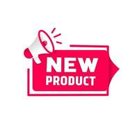 New product banner megaphone. Flat vector design.