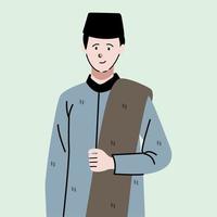 Young muslim man wear cap and scarf flat character vector