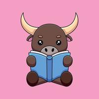 cute bull reading book cartoon mascot doodle art hand drawn concept vector kawaii icon illustration