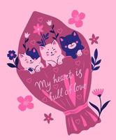 Valentine's day card with a bouquet of flowers and kittens. Vector graphics.