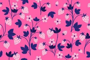 Seamless pattern with strawberries, flowers and leaves on a pink background. Vector graphics.