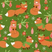 Seamless pattern with cute foxes in scarves and hats. Vector graphics.