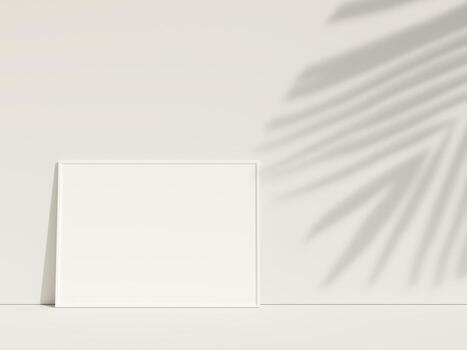 Clean and minimalist front view horizontal white photo or poster frame mockup leaning against the wall with leaf shadow. 3d rendering.