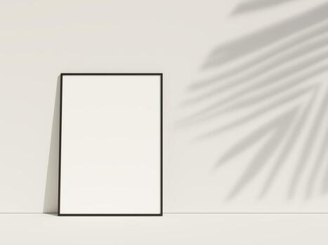 Clean and minimalist front view vertical black photo or poster frame mockup leaning against the wall with leaf shadow. 3d rendering.