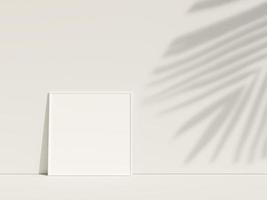 Clean and minimalist front view square white photo or poster frame mockup leaning against the wall with leaf shadow. 3d rendering.