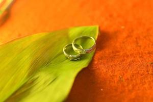 A beautiful pair of engagement rings is placed on a green leaf in bright light. Jakarta, October 24, 2022 photo