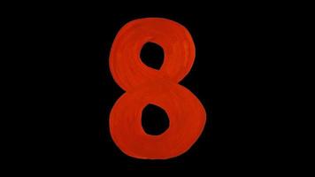 Red number eight drawn gouache. Isolated on a black background. Figure hand drawn by paint photo