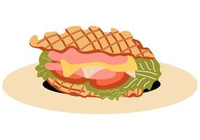 Croffle sandwich with ham, cheese  and lettuce leaves, tomato. Croissant Wafle cooked in a Waffle Maker.  Korean dessert. Vector Food.