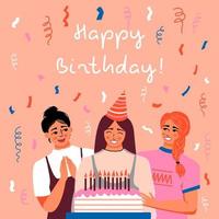 Happy birthday. Womens with Birthday Cake and Celebrating. Friends on the Party. Confetti flying in the air.  Greeting card. Vector illustration