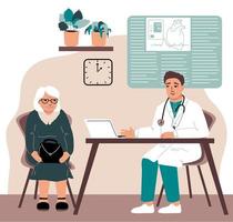 Elderly woman at a doctor's appointment.  Modern clinic. Doctor cardiologist consultation. Diagnosis of the disease. Vector illustration