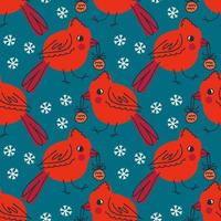 Cardinal bird with xmas toy in beak and snowflakes seamless pattern. vector