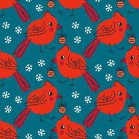 Cardinal bird with xmas toy in beak and snowflakes seamless pattern. vector