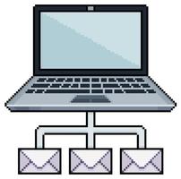 Pixel art laptop connected to email network vector icon for 8bit game on white background