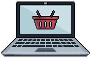 Pixel art laptop with shopping basket icon vector icon for 8bit game on white background