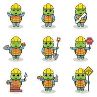 ilustración vectorial del carácter de tortuga en el sitio de construcción. trabajadores de la construcción en diversas herramientas. personajes de tortugas de dibujos animados con sombrero duro trabajando en el vector del sitio de construcción.