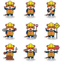 ilustración vectorial del carácter del tigre en el sitio de construcción. trabajadores de la construcción en diversas herramientas. personajes de tigre de dibujos animados con sombrero duro trabajando en el vector del sitio de construcción.