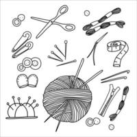 Set of sewing elements, including embroidery frame, thread, needles, buttons, yarn, snips, measuring tape, pins, scissors and pin cushion. Vector illustrations.