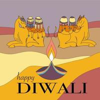 Happy Diwali. Indian festival of lights. Vector abstract flat illustration for the holiday, lights, camels and other objects for background or poster.
