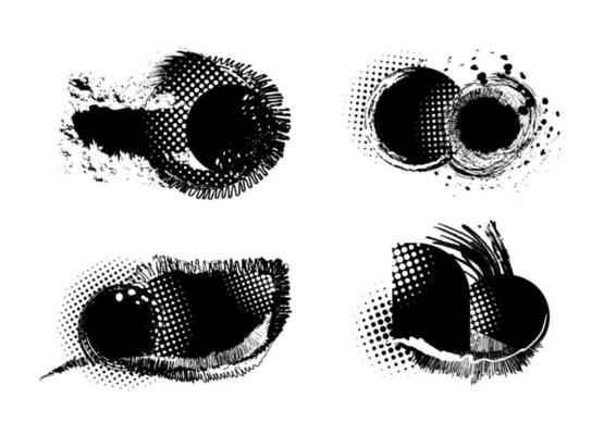 Set of grunge elements Paint stains black background, pixelated colors half halftone, Brush Strokes, Black and white ink, Frame for text. Vector illustration.